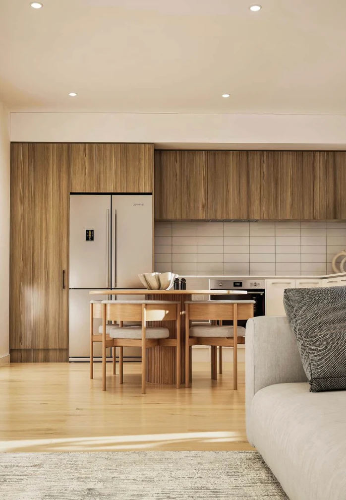 Kitchen and living interior in the Eva Street project imagery