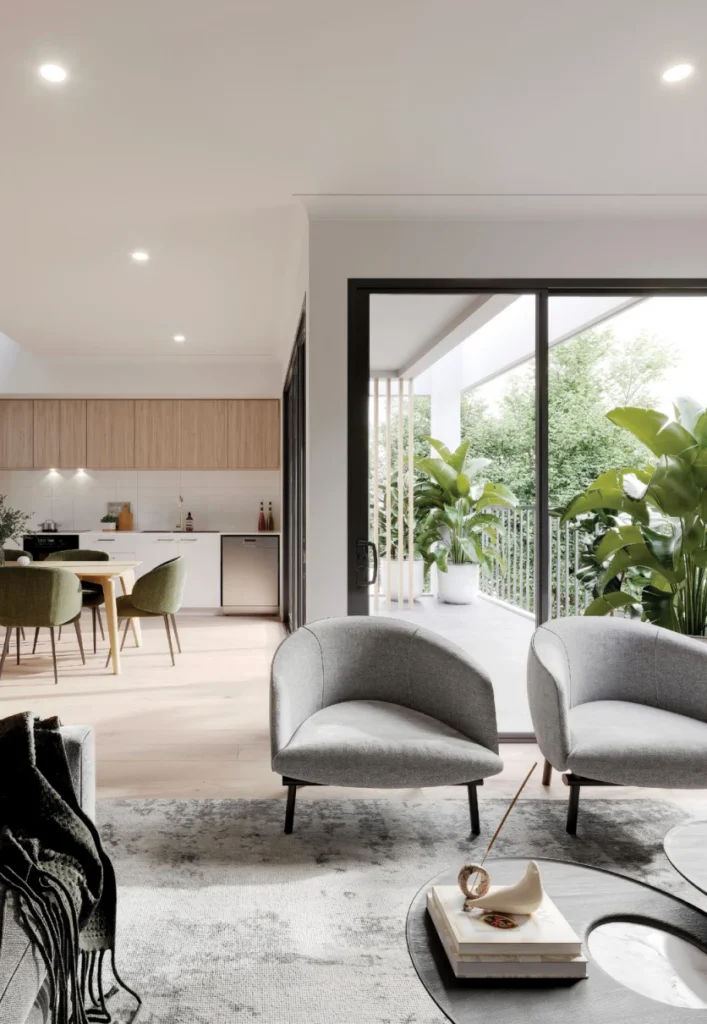 Living area opening to landscaping in the Eva Street project imagery